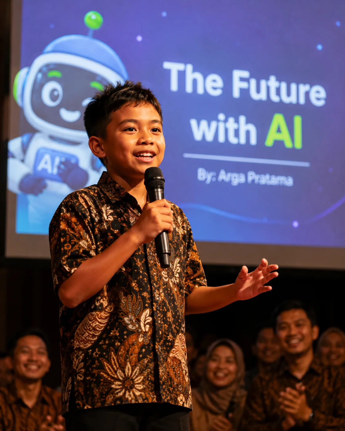 A child presenting confidently on the Pitch Day stage